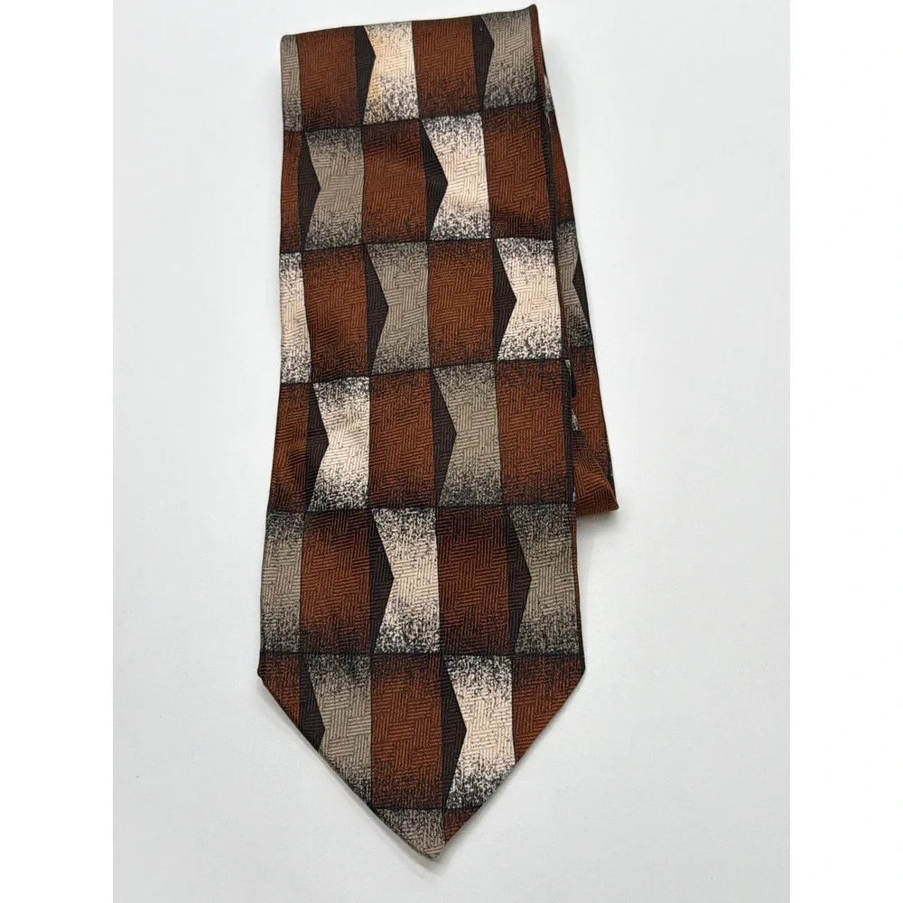 Pierre Balmain Couture Mens Silk Necktie Brown Tan Grey Geometric Hand Made